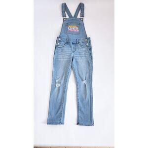 LEVIS BIG GIRLS GIRLFRIEND SEQUIN LIGHT WASH BLUE DISTRESSED OVERALLS SIZE 7 R